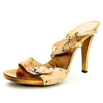 Fendi Pink Leather Buckle Wooden Mules Size 40