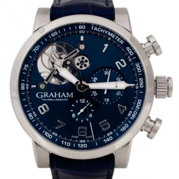 Pre Owned Graham Silverstone SS Leather Tourbillograph Tachymeter Mens Wristwatch 50 MM