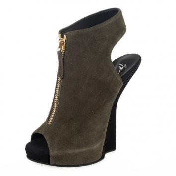 Giuseppe Zanotti Grey Suede Zip Front Cutout Heel Kitten Wedge Booties Size 40