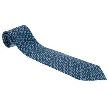 Pre Owned Hermes Blue H Logo Print Tie