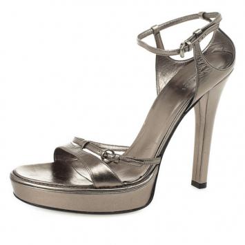 Gucci Grey Leather Ankle Strap Platform Sandals Size 41