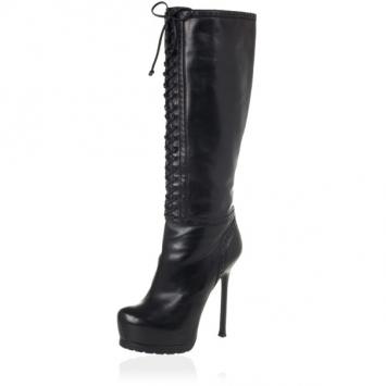 Yves Saint Laurent Black Leather Tribtoo Knee Length Platform Boots Size 39.5