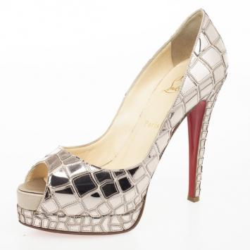 Christian Louboutin Silver 'Sobek 140' Mosaic Peep Toe Pumps Size 39.5