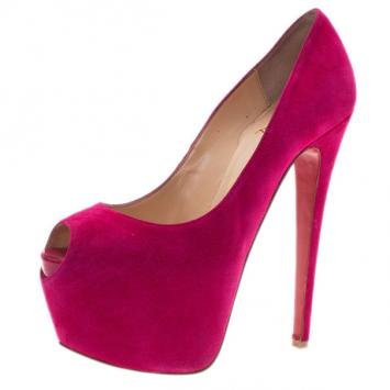 Christian Louboutin Pink Suede Highness Peep Toe Platform Pumps Size 37