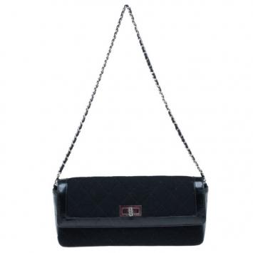 Chanel Black Quilted Wool and Patent Leather East/West Mademoiselle Flap Bag