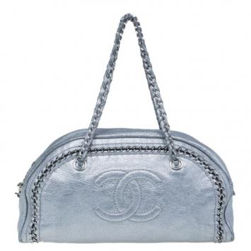 Chanel Luxe Ligne Silver Leather Chain Trim Large Bowler Boston Duffel Bag