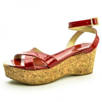 Jimmy Choo Red Patent Leather 'Panther' Cork Wedge Sandals Size 40