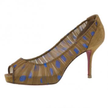 Christian Louboutin Brown Polka Dot Chiffon Peep Toe Pumps Size 39