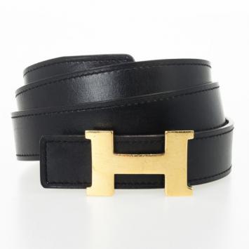 Hermes Black Leather H Logo Constance Belt 80 CM