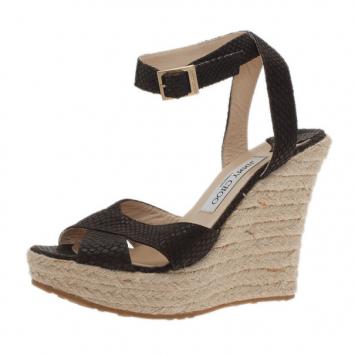 Jimmy Choo Dark Brown Snake Embossed Leather Phoenix Espadrilles Wedges Size 38