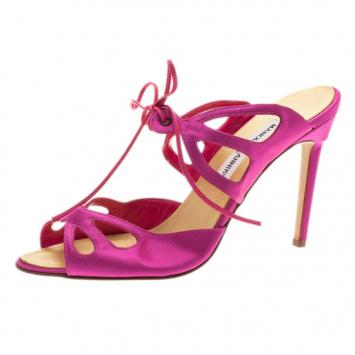 Manolo Blahnik Pink Satin Lace Up Slides Size 39.5