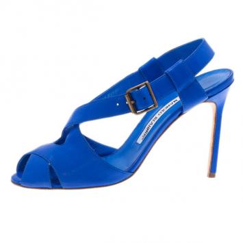 Manolo Blahnik Blue Leather Criss Cross Sandals Size 38.5