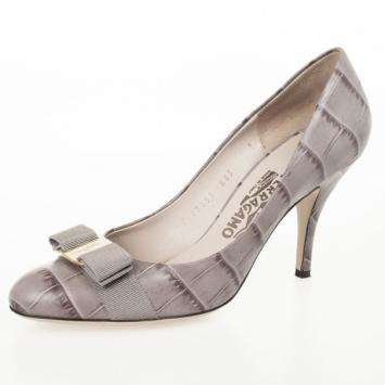 Salvatore Ferragamo Croc Embossed Vara Bow Pumps Size 39