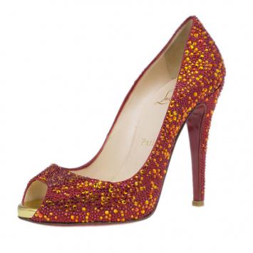 Christian Louboutin Red Very Riche Strass Peep Toe Pumps Size 37