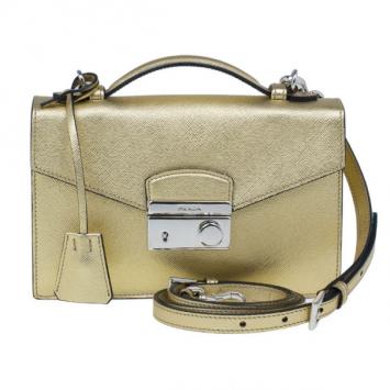 Prada Gold Saffiano Leather Mini Flap Crossbody Bag