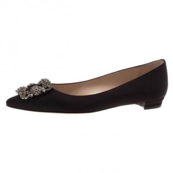 Manolo Blahnik Black Satin Hangisi Ballet Flats Size 38