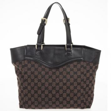 Gucci Monogram Medium Tote with Brown Leather Trim