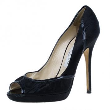 Jimmy Choo Black Pleated Satin Peep Toe Platform Pumps Size 38
