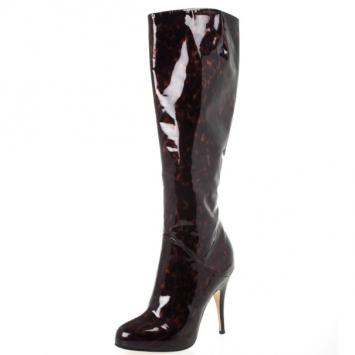 Giuseppe Zanotti Brown Tortoise Print Patent Platform Knee Length Boots Size 37