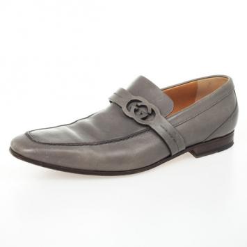 Pre Owned Gucci Grey Leather GG Loafers Size 43