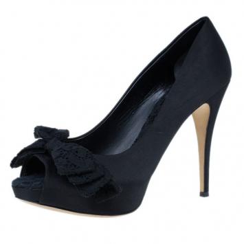 Dolce and Gabbana Black Satin and Lace Bow Peep Toe Pumps Size 41