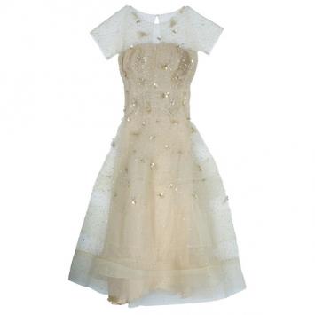 Oscar de la Renta Gold Tulle Embroidered Dress L