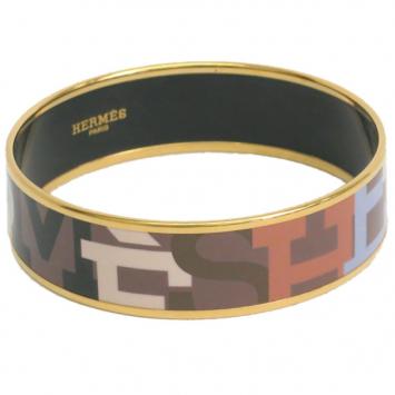 Hermes Wide Printed Enamel Gold-Plated Bracelet 22CM