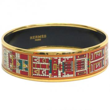 Hermes Wide Printed Enamel Gold-Plated Red Bracelet 21CM