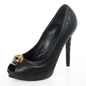 Alexander McQueen Studded Leather Skull Peep Toe Pumps Size 37.5