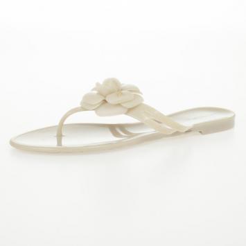 Chanel Cream Jelly CC Camellia Flower Thong Sandals Size 42
