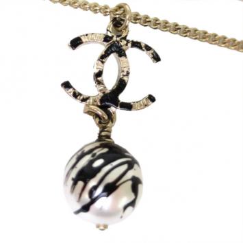 Chanel CC Pearl Graffiti Black and White Pendant Necklace
