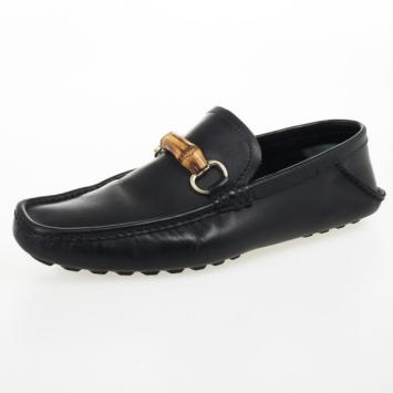 Pre Owned Gucci Black Leather Bamboo Horsebit Loafers Size 40