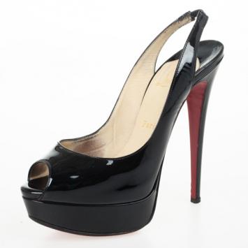 Christian Louboutin Black Patent Lady Peep Slingback Platform Sandals Size 38