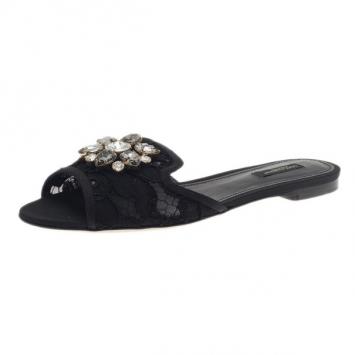 Dolce and Gabbana Black Lace Sofia Embellished Slides Size 39.5