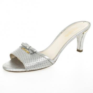 Prada Silver Perforated Saffiano Bow Slides Size 38