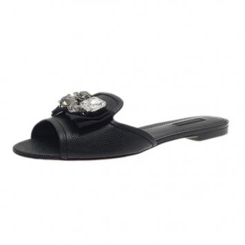 Dolce and Gabbana Black Leather Sofia Embellished Slides Size 40