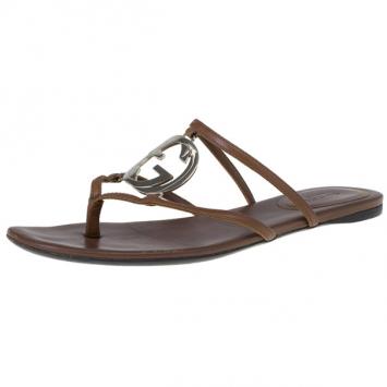 Gucci Brown Leather GG Cage Flat Thong Sandals Size 37.5