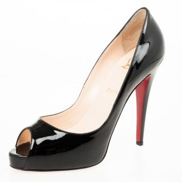 Christian Louboutin Black Patent Leather Very Prive Peep Toe Platform Pumps Size 40