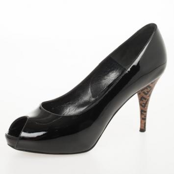 Fendi Black Patent Leather Zucca Print Heel Peep Toe Pumps Size 38