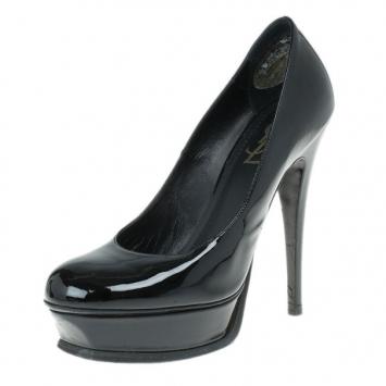 Saint Laurent Paris Black Patent Tribute Platform Pumps Size 37.5