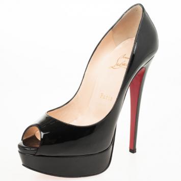 Christian Louboutin Black Patent Lady Peep Toe Platform Pumps Size 37