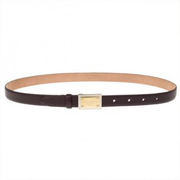 Dolce and Gabbana Burgundy Leather Logo Plaque Skinny Belt 75CM