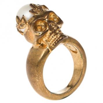 Alexander McQueen Gold Pearl Crown Skull Ring Size 50.5