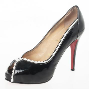 Christian Louboutin Black Patent Leather 'Caracolo Plateau' Peep Toe Pumps Size 38