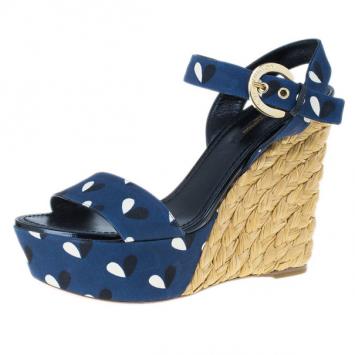 Louis Vuitton Blue Silk Tuileries Raffia Platform Wedge Sandals Size 37.5