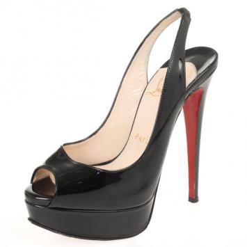 Christian Louboutin Black Patent Lady Peep Toe Slingback Sandals Size 35