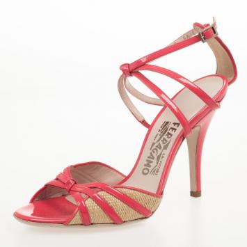 Salvatore Ferragamo Coral Patent Grisbi High Heel Raffia Sandals Size 37