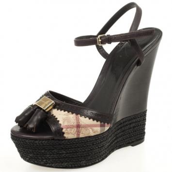 Burberry Black Novacheck Tassel Wedges Sandals Size 37