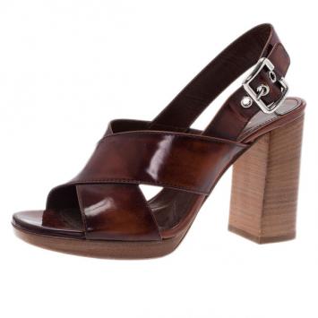 Prada Brown Leather Criscross Block Heel Slingback Sandals Size 38