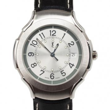 Yves Saint Laurent SS Leather Silver Trim Womens Wristwatch 36 MM